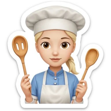 Young female pastry chef - single ponytail, apron, wearing a white hat, holding a piping bag sticker