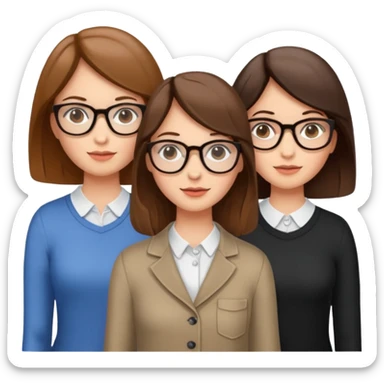 three girls, two brunettes and one light brown-haired with glasses sticker