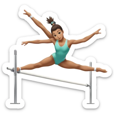 Professional gymnast performing a dynamic routine on parallel bars, captured mid-air in an elegant flip. The background features a well-lit gymnastics arena with a cheering audience. The athlete's posture and expression convey strength, control, and perfect coordination. sticker