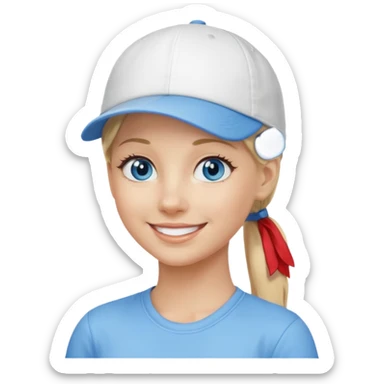 blonde woman, blue eyes, pony tail, white cap sticker
