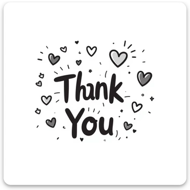 hand drawn 'Thank You' text with hearts and playful accents, doodle style sticker