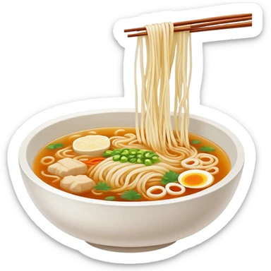 Yunnan Crossing the Bridge Rice Noodles with separate ingredients and hot broth, simplified emoji style with bold outlines and bright colors, cartoon style traditional Guo Qiao Mi Xian sticker
