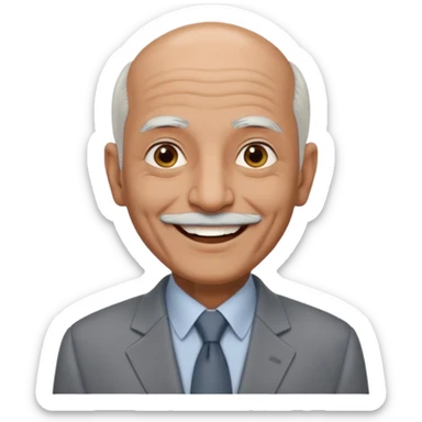 70 yr old man, almost bald, some white hair, pakistani, light grey business suit, big smile, dark skin, no facial hair
 sticker