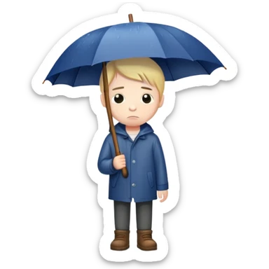 Sad boy standing alone in the rain with an umbrella sticker
