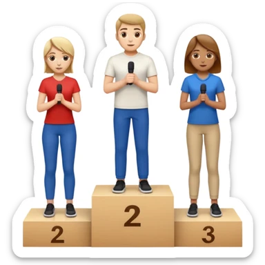 show people on podium in second, first then third position.  The podium should be labeled 2, 1, 3. The middle position should only have the number 1.  the people should be dressed causally in regular relaxed clothes

 sticker