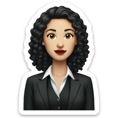 corporate white woman, red lipstick, long black curly hair, black shirt, black blazer  sticker