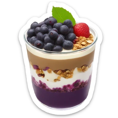 Açaí in a clear cup with layers of fruits and granola and condensed milk sticker