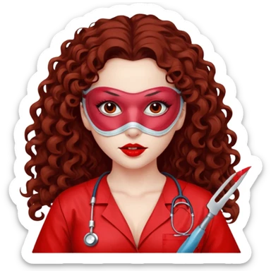 Lilith symbol seductress long curly hair evil surgeon.  brown hair. Red surgical mask.  covering. She works for cartel and kills  with a scalpel. Sexy surgeon outfit sticker