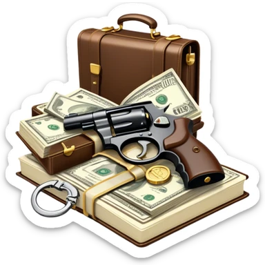 Icon for Action & Crime Reading: open book, with a silhouette of a gun, a bag of money, and a police badge on the pages. Surrounding elements include a pair of handcuffs, a briefcase, and scattered bullet casings. Transparent background. sticker