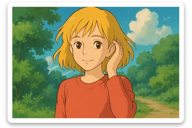 A girl yellow hair brown eyes red Just Cool Women's Long Sleeve Cool T-Shirt touching  to the ear sticker