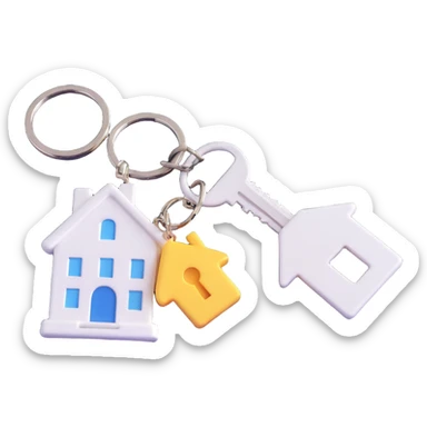 side view of a pair of white keys on a ring with a white house-shaped keychain, 3D Emoji style, soft shadows and highlights, no decoration, transparent background sticker