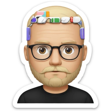 bald bearded blonde bald man with eyeglasses with black shirt sticker