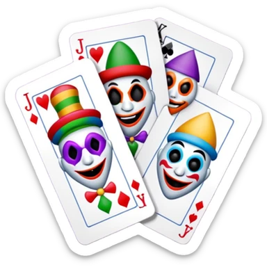 bunch of 3 poker cards, with crazy colorful human jolly jokers inside, inversed face sticker