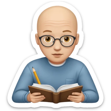 Bald man studying sticker