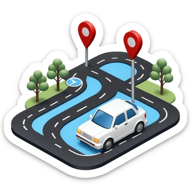 
A 3D minimal icon showing a street route to a destination, with a blue road, white and black vehicles, and small red accents for alerts. The style is clean, minimal 3D, with a transparent background. sticker
