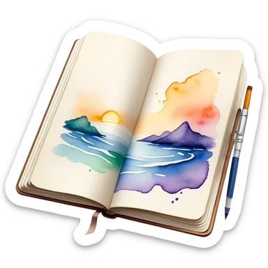 Cinematic Realistic image of an open sketchbook accompanied by a set of translucent watercolors, with delicate pigment stains and soft, flowing brushstrokes, captured under gentle, diffused lighting that highlights creative fluidity sticker