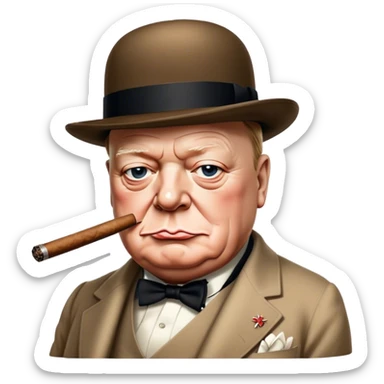 Cinematic Realistic Winston Churchill Portrait Emoji, depicted as a resolute British statesman with a signature bowler hat and a cigar, exuding determined leadership and wartime valor, rendered with lifelike textures and dramatic vintage lighting that captures his iconic British spirit. sticker