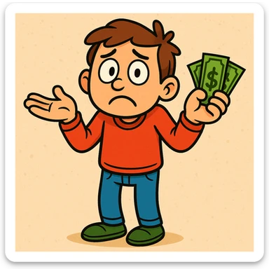 cartoon character shrugging with both hands up, dollar bills in one hand, looking lost or helpless, colorful cartoon style sticker