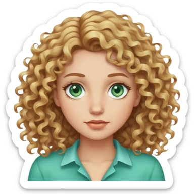 Generate a woman with light brown curly hair with a blonde chunk at the front with sea green eyes sticker