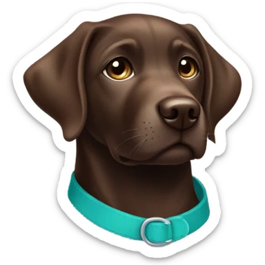 Chocolate labrador cute puppy with small white patch of fur on chest and teal collar sticker