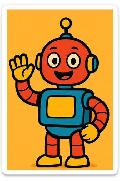 cartoon robot waving, vibrant toon style sticker