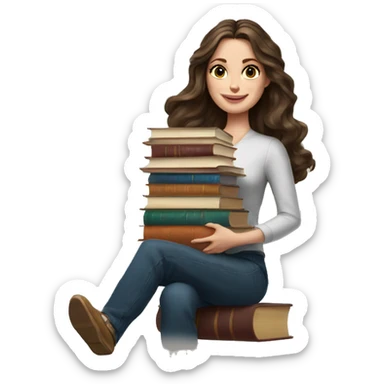 white woman brunette long wavy hair highlights woman while holding large stack of books sticker