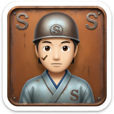 Generate a image combining a japanese guy and the letter "S", make it with correlating the lol's elos, starting from the Iron elo sticker