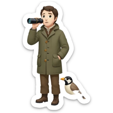 henry David thoreau full body looking up  birdwatching with binoculars in snow sticker