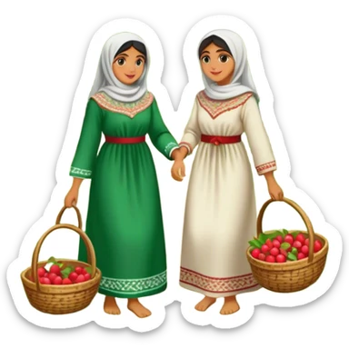 Palestinian women dressed in traditional embroidered thobes harvesting fruit in an orchard. Their vibrant and intricately designed dresses reflect deep heritage, while their coordinated efforts collecting fruit in a woven basket sticker