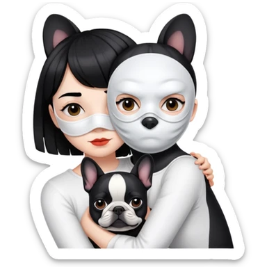 girl with short black straight bangs hair wearing a white mask and hugging a black French bulldog sticker