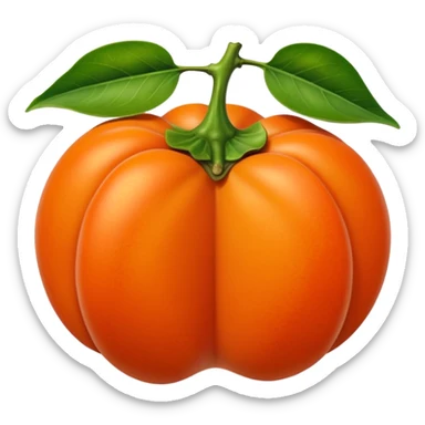 whole persimmon fruit with smooth glossy orange skin, flattened round shape, green leafy calyx on top with soft folds and natural texture, slightly dimpled surface suggesting ripeness and firmness, no leaf cut or extras, soft lighting, subtle shadows, emoji scale sticker