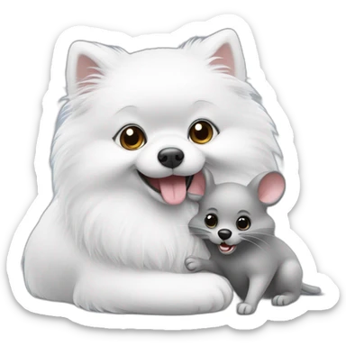 white pomeranian and gray mouse hug sticker