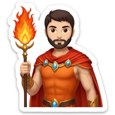 Vulcan, Fire God from Rome Mythology with dark brown hair, orange and red outfit, light tan skin sticker