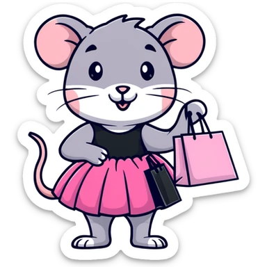 rat with a pink dress and tutu holding a black and white striped shopping bag sticker