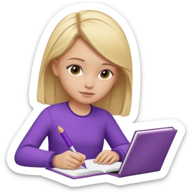 girl sitting, writing in a notebook, blond hair, dressed in purple clothes sticker