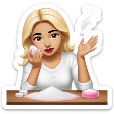 female salt bae sprinkling salt that is falling from her hand onto some makeup that is on a table sticker