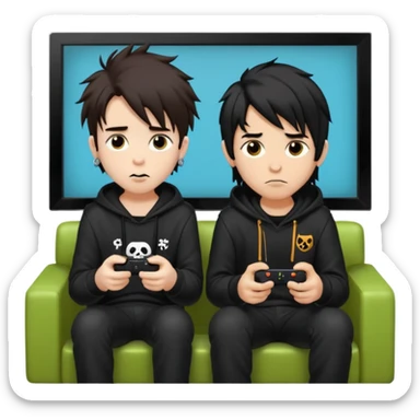 pale Goth boy with a bunch of face piercings, with shaggy dark brown hair, next to a Carmel  skin gamer boy with long black hair , they are watching tv together  sticker