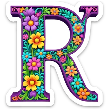 3D, gothic style psychedelic colored capital Letter P with hippie style flower border sticker