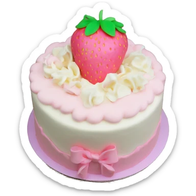 Light Pink strawberries and cream birthday cake with in bow sticker