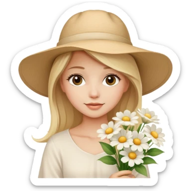 beautiful model blonde girl in a summer beige hat in a beautiful white top with a bouquet of white flowers sticker