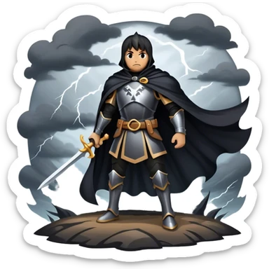 A shadowy knight with a black cape, standing in a stormy battlefield sticker
