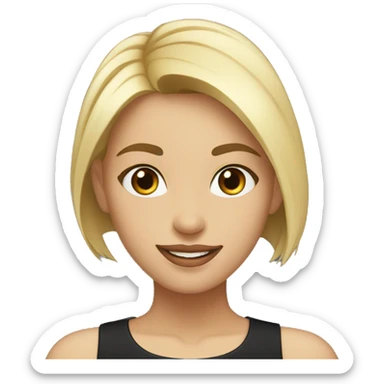 Beautiful girl in a black shirt with short straight blonde hair, thin lips, thin eyebrows, smiling.  sticker