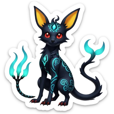 Shiny Fiery Dark Glowing Eldritch Horror Cool Edgy Badass Emo Glorious Demonic Batty Punky Aural Iridescent Fluorescent Bioluminescent Umbreon-Amaura-Salandit-Litten-Flareon-Fakémon-fusion (full body) with intricate pattern markings sticker