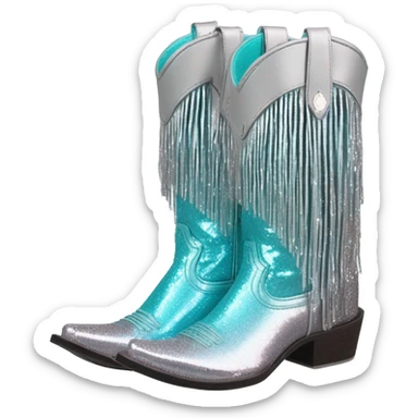 Realistic silver and robins egg blue ombre pair of fashion cowgirl boots with sparkly shiny glitter fringe on them. sticker