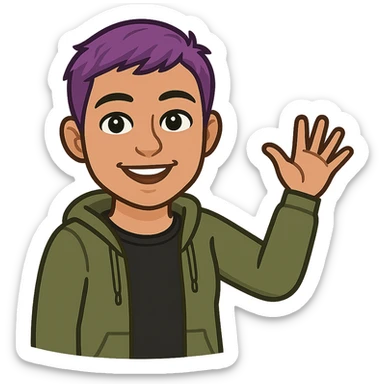 bitmoji style non-binary person with short purple hair, waving their hand, friendly expression sticker