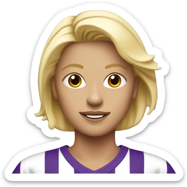 a blonde woman in white soccer jersey with purple pinstripes sticker