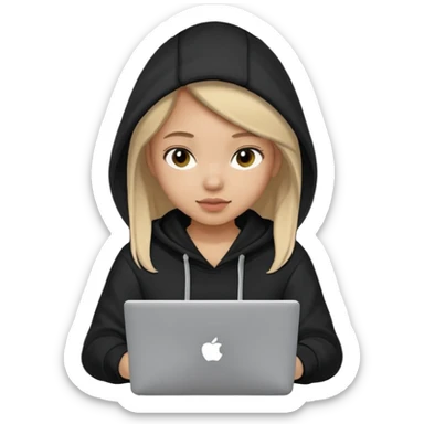hacker girl with black hoodie and laptop sticker
