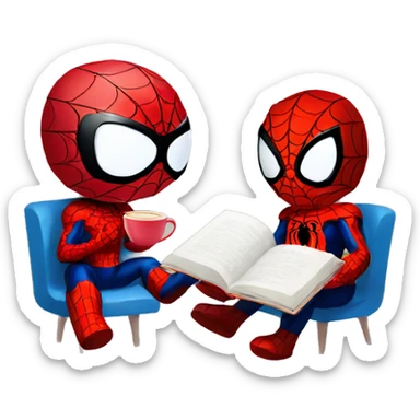 hello kitty and spiderman reading books together with coffee sticker