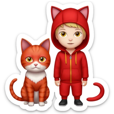 There is a kid wearing all red. Next to him there is a cat that has a red cat outfit and the cat has yellow eyes sticker