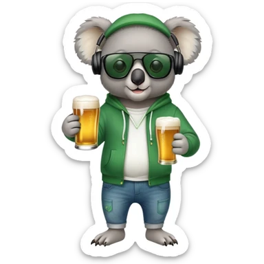 anthropomorphised koala, full body, wearing a hoodie and jeans, dark sunglasses, headphones, dressed for St. Patrick's Day sticker